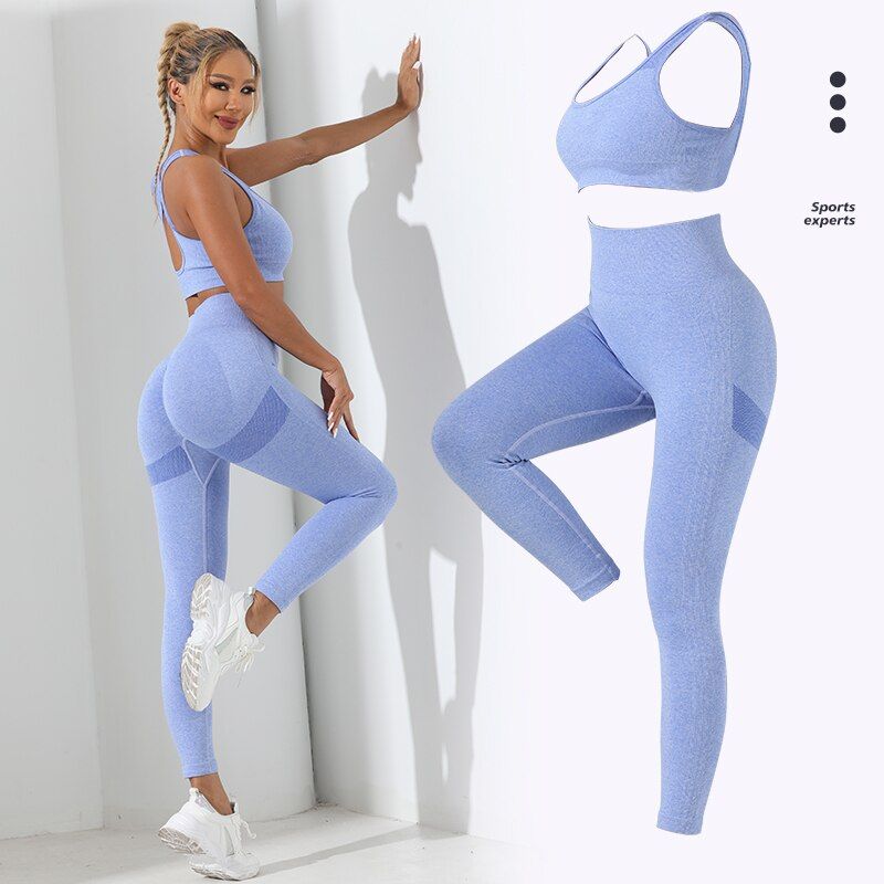 Basic 2pcs Seamless High Stretch Yoga Tracksuit Gym Set Crisscross Back Cami Hip-hing Tummy Control Leggings_voghion.com