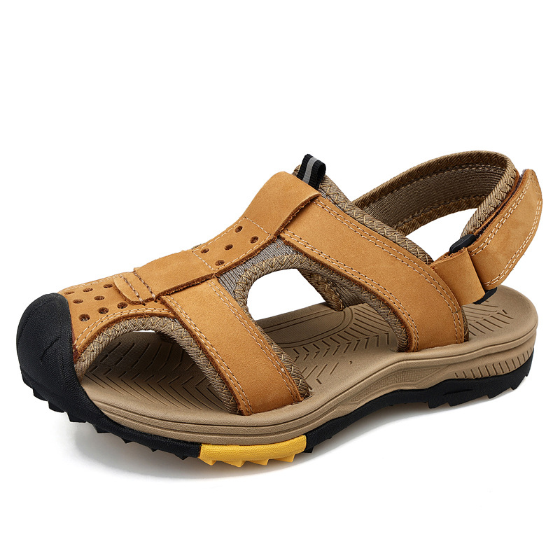 Big Size Baotou Outdoor Men's Beach Sandals, Anti Slip, Anti Kick, Mountain Climbing, Off-road, Genuine Leather, River Tracing Sandals_voghion.com