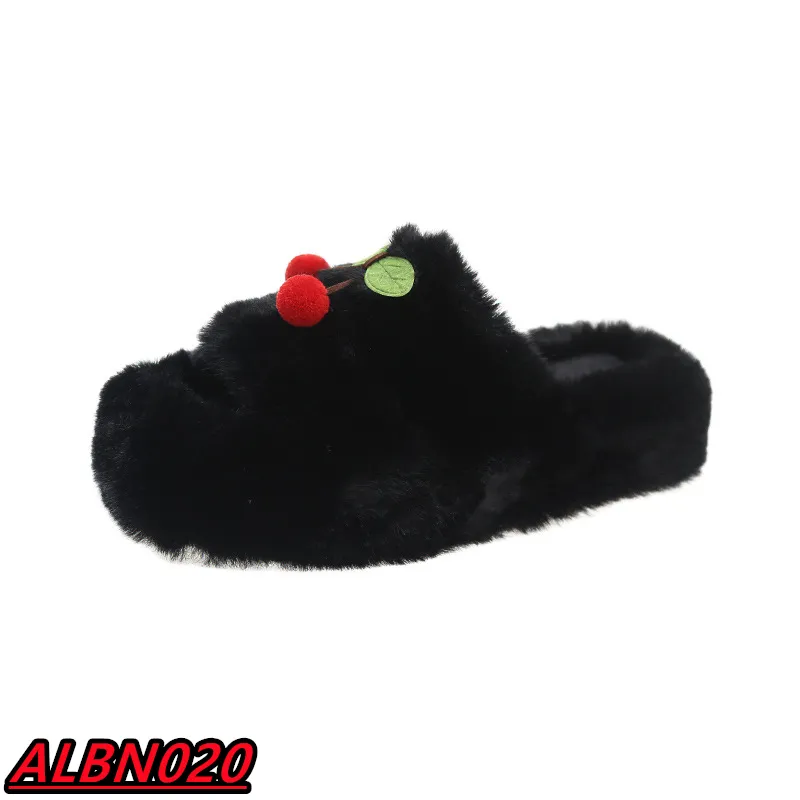 Papuci drăguți de designer cu imprimeu de cireșe pentru femei, fete, doamne, toamnă și iarnă, calde, cu blană, pufoase, de pluș, pentru femei_voghion.com
