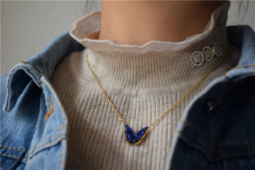 Collane con ciondolo in acciaio inossidabile con catena in oro CZ Collana con farfalla blu per donna Bijoux Femme_voghion.com