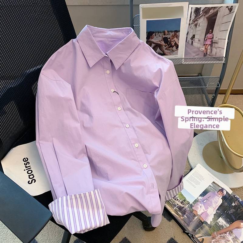 Camicia donna viola a righe maniche lunghe con colletto polo_voghion.com