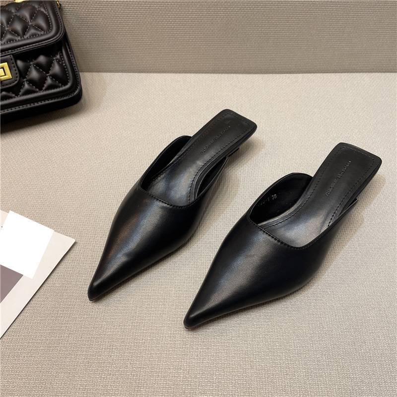 Elegant Pointed-Toe Kitten Heel Mule Slippers For Women - Soft Leather Slip-On Sandals With Comfortable Rubber Sole​_voghion.com