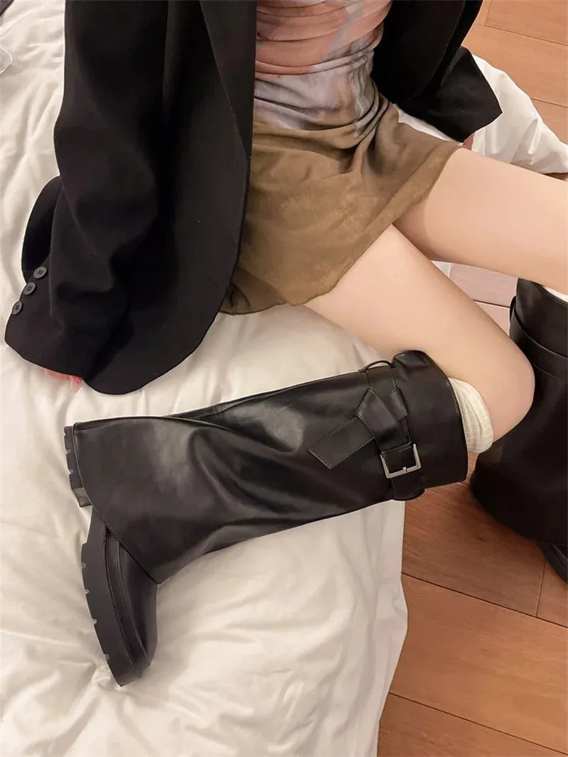 Design Sense Lång tub Tjocksulad Knight Fashion Retro Executive Pants Boots 240930_voghion.com