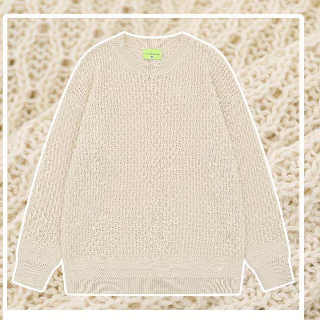 Honeycomb Knit Sweater, Oversized Round-Neck Pullover, Minimalist Winter Essential In Beige & Black​_voghion.com