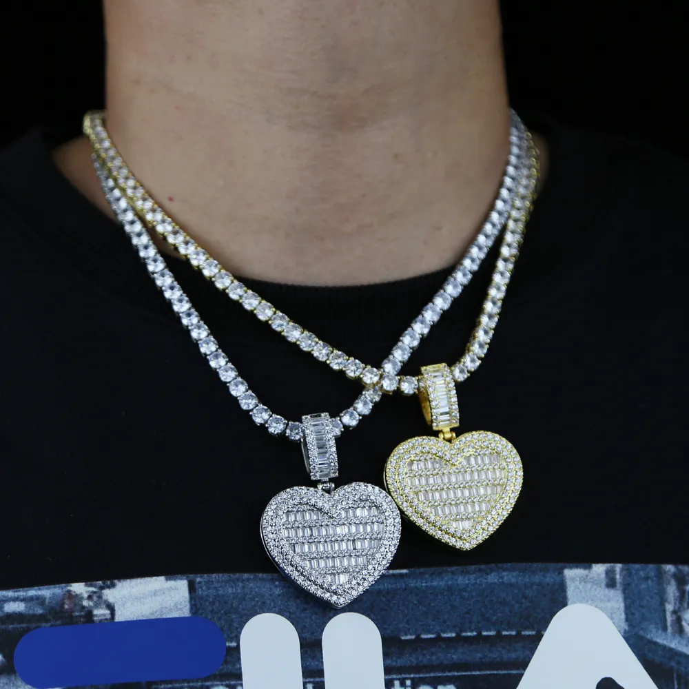 Chains Valentine's Day Gift Women Men Micro Paved 5A Cubic Zirconia Baguette Cz Big HipHop Full Iced Out Heart Pendant_voghion.com