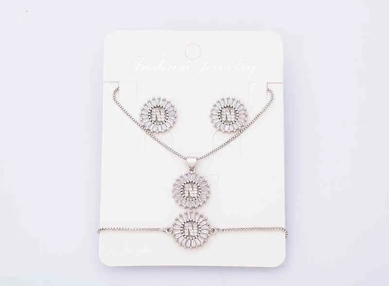 Charm Initial Necklace + Stud Earrings Bracelet Sets Jewelry Copper Zircon White Color A-z 26 Letters Alphabet_voghion.com