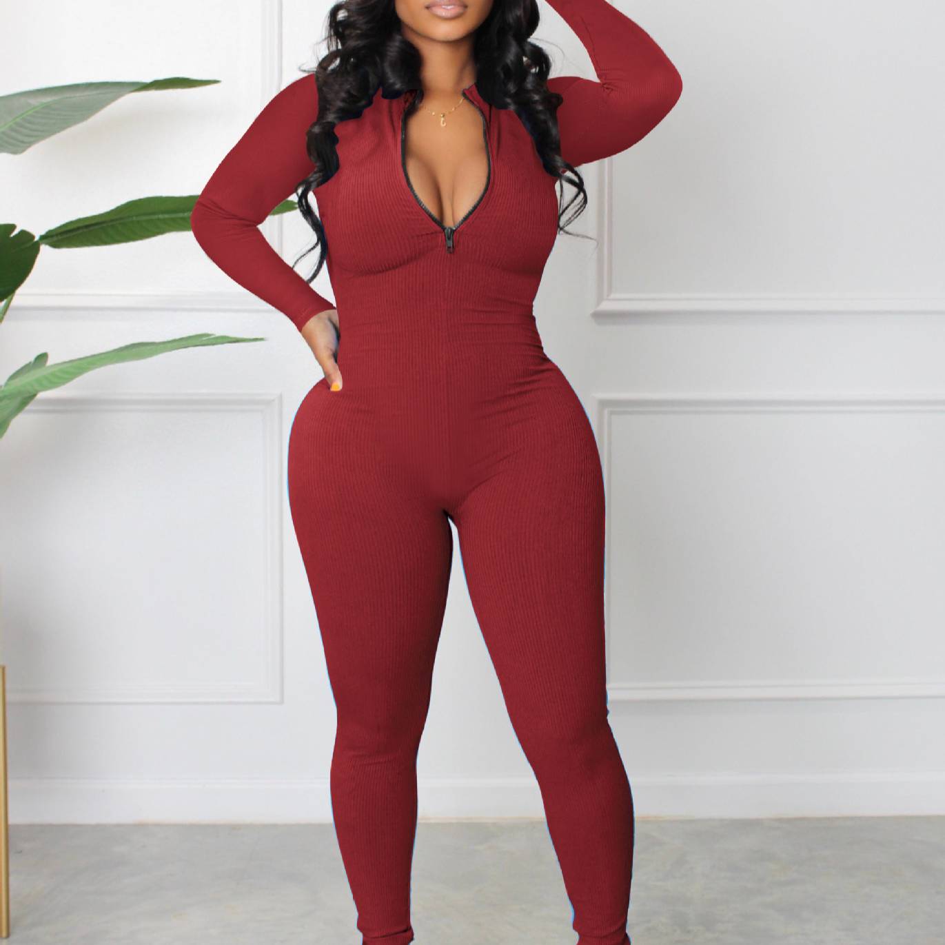 Damen Jumpsuit Elegant Mit Reißverschluss Und Hoher Taille_voghion.com