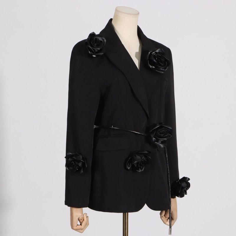 Women's Clothing temperament black three dimensional wer lace ing design long sleeved suit jacket_voghion.com