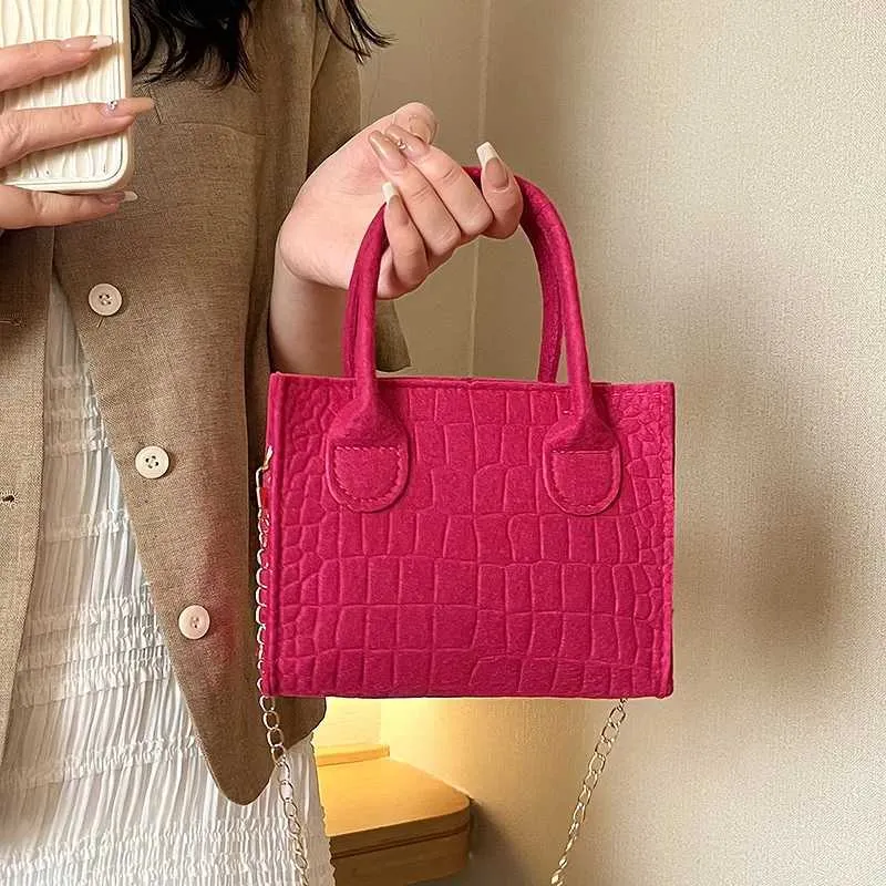Damen Filz kleng véiereckeg populär Steenmodesch Textur Mini Kette Handtasche 2024 nei Damen Schëller Messenger Tasche Y241123_voghion.com