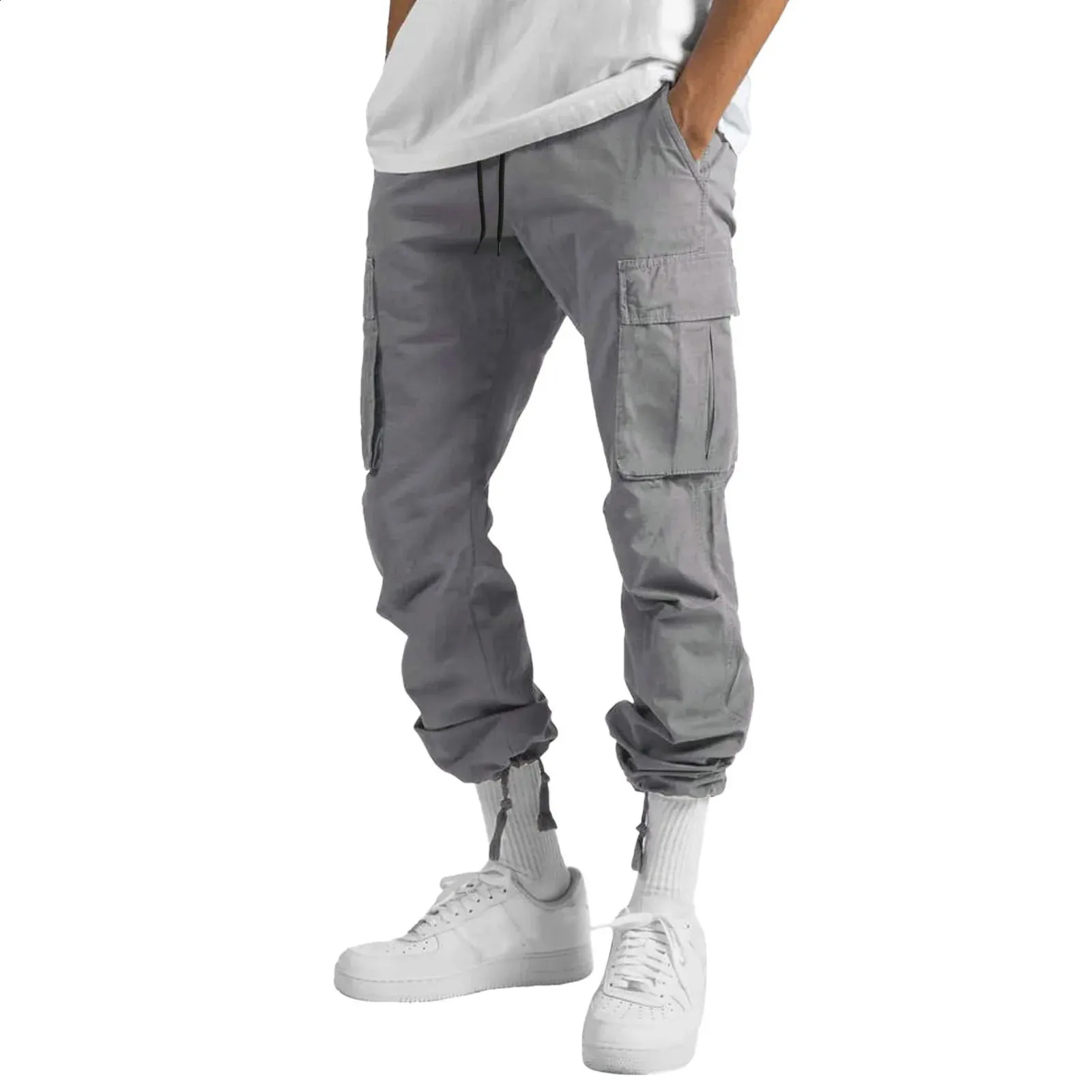 Calças para homens comprimento total cor sólida solta vários bolsos bolsos com cordão calças cargo masculinas 3XL 240813_voghion.com