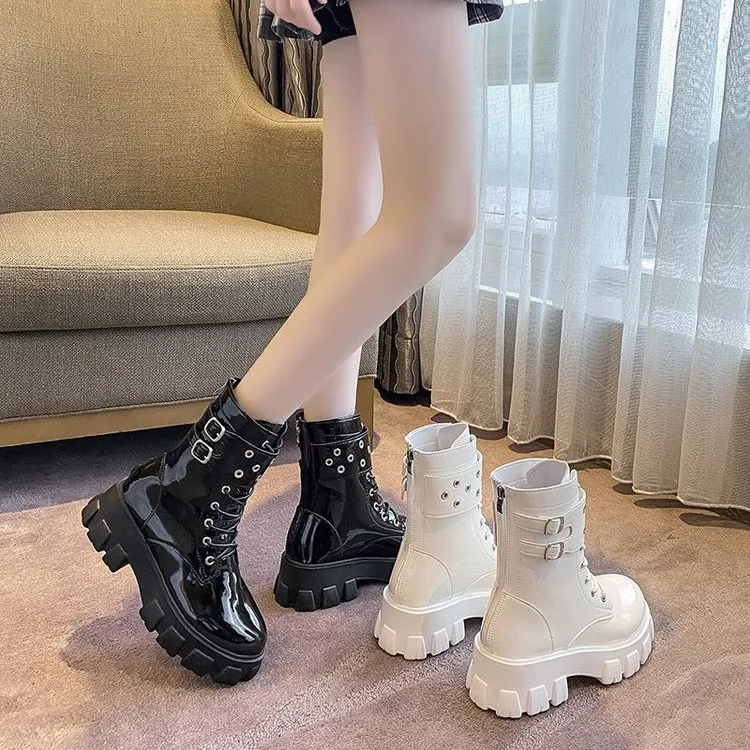 Damen Motorradstiefel Aus Lackleder Mit Flauschigem Futter_voghion.com