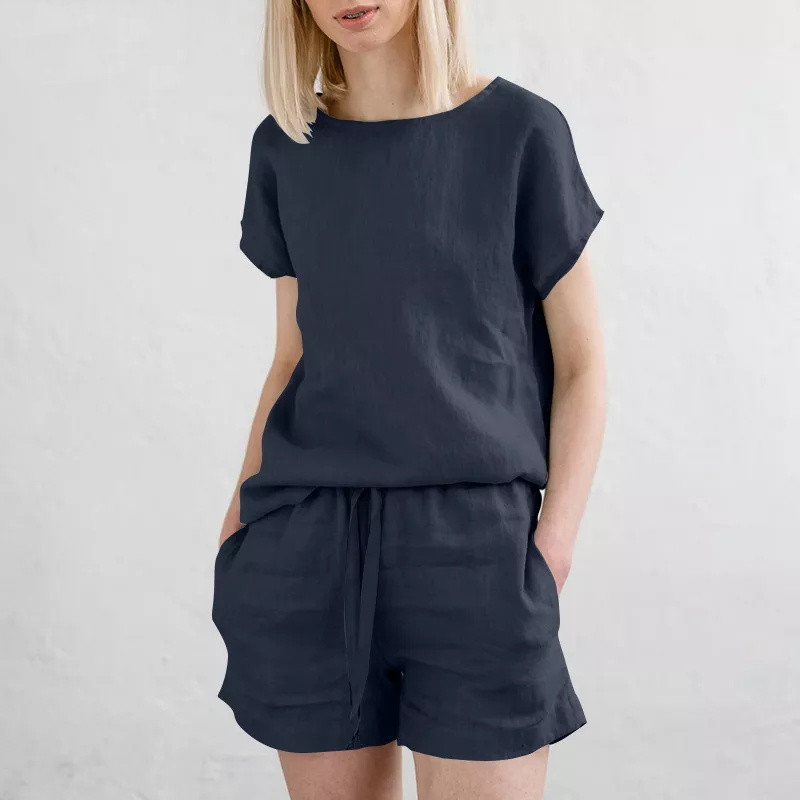 Women's spring short-sleeved urban cotton and linen brown retro fashion casual solid color tops and shorts set_voghion.com