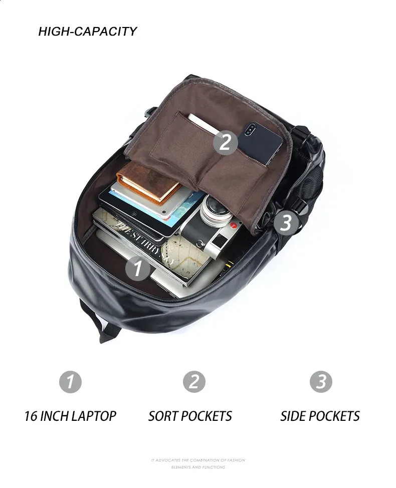 Schwarzer Leder für Herren Business Travel Wasserdichter Daypack PU 16 Zoll Laptop-Rucksack 240829_voghion.com