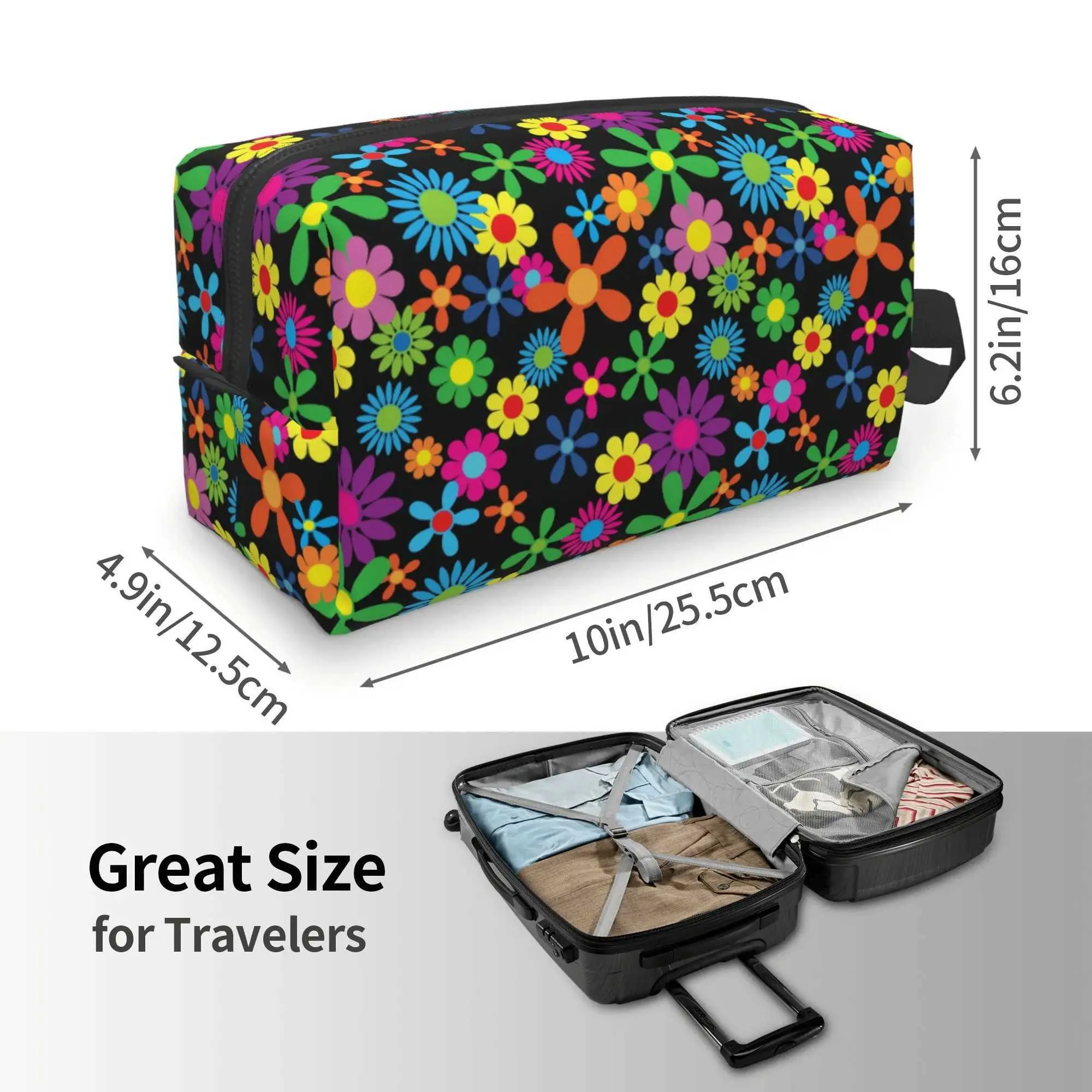 Trousse de maquillage de voyage étanche de grande capacité avec poignée pour femmes Hippie Wer Y241023_voghion.com