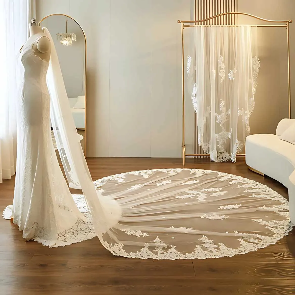 Gioielli per capelli V67 Veli lunghi in stile cattedrale con pizzo ricamato, velo da sposa a 1 livello, accessori per abiti da sposa_voghion.com