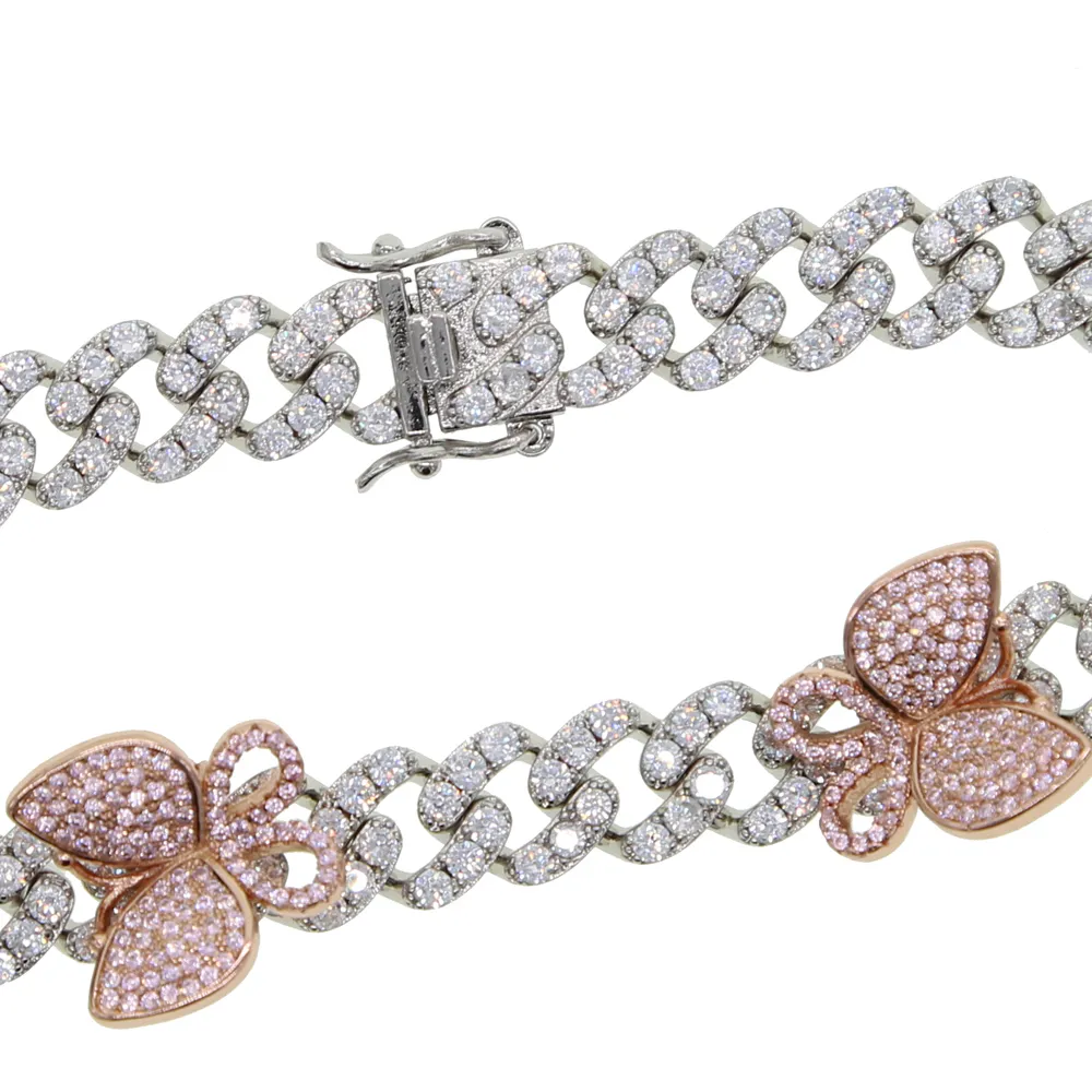 gül gümüş rengi cz küba bacak zinciri moda kadın bling buzlu bağlantı pembe kelebek bilezik takı_voghion.com