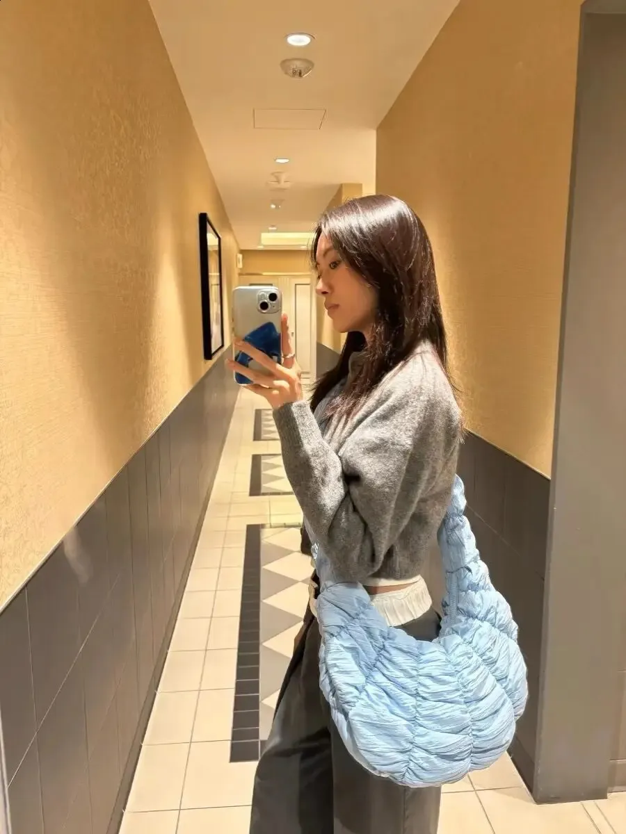 Gesteppte Schultertasche im koreanischen Stil, bauschige, weiche Hobo-Taschen mit gerüschtem Muster in Wolkenform für Damen, Croissant-Umhängetasche 2024 240723_voghion.com