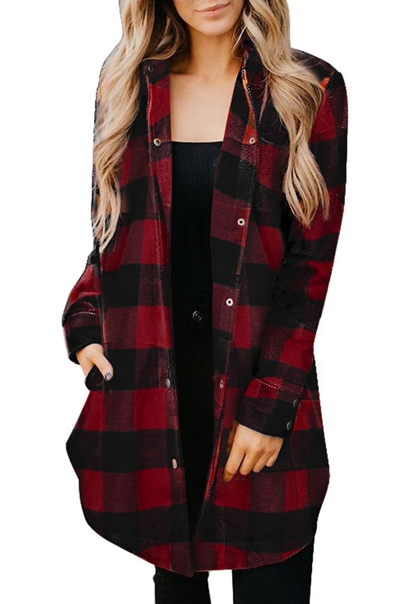 Women's in the long sleeve coat plaid shirt top_voghion.com
