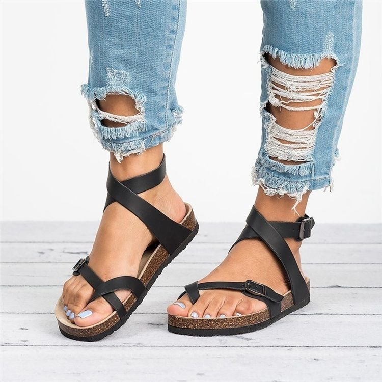 Damenschuhe Sommer Große Sandalen Korkboden Römische Zehenpartie Gürtelschnalle Wickelsandalen Für Damen_voghion.com