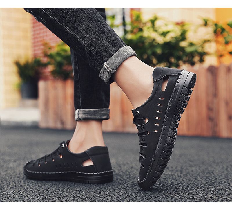 Sommer nye herresandaler, udendørs strand håndlavede hule åndbare fritidssko med hul, snørebånd indpakkede lædersko_voghion.com