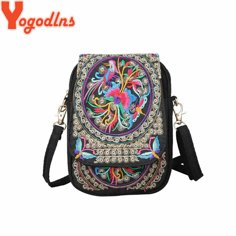 Pochette de voyage à bandoulière pour femme, sac à bandoulière vintage à fleurs avec fermeture éclair et broderie pour téléphone portable, petit sac à main_voghion.com