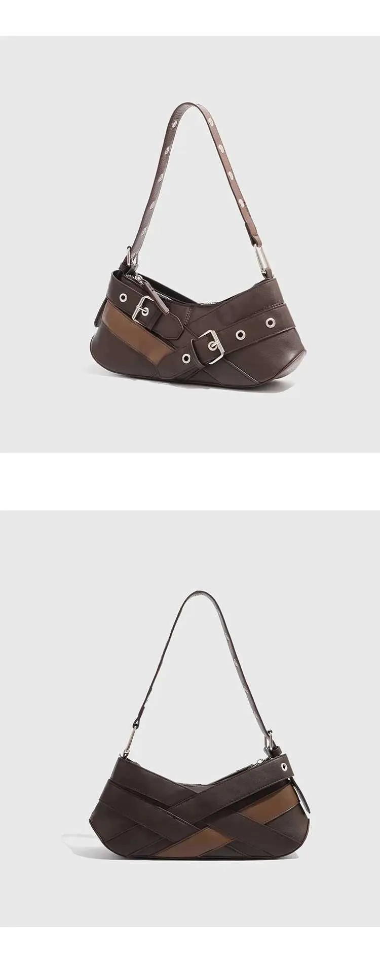 Retro belt decoration shoulder designer armrest punk motorcycle bag Pu leather womens handbag Y241216_voghion.com