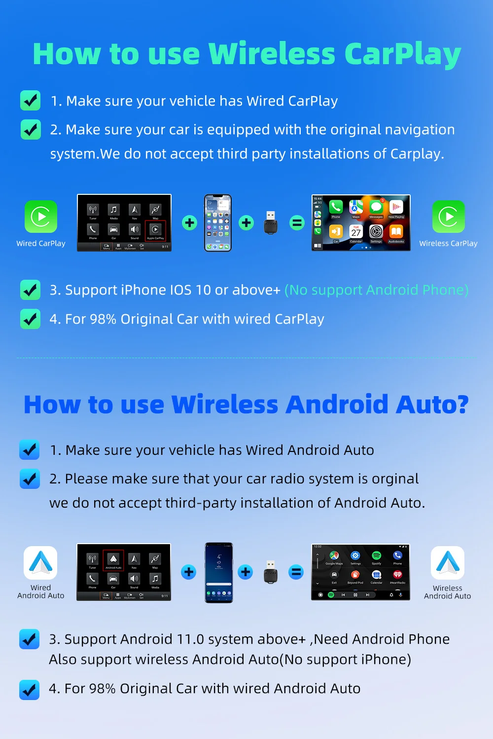 2-in-1 kabelloser CarPlay- und Android-Auto-Adapter, Kfz-Dongle mit automatischer Verbindung, Plug & Play für iPhone und Android-Geräte (werkseitig verkabelt)._voghion.com