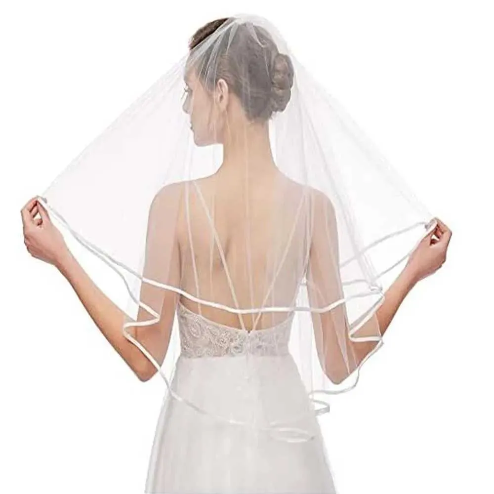 Gioielli per capelli da sposa, da donna, semplici, in tulle, con velo corto e bordo in raso, con pettine, per matrimonio, addio al nubilato_voghion.com