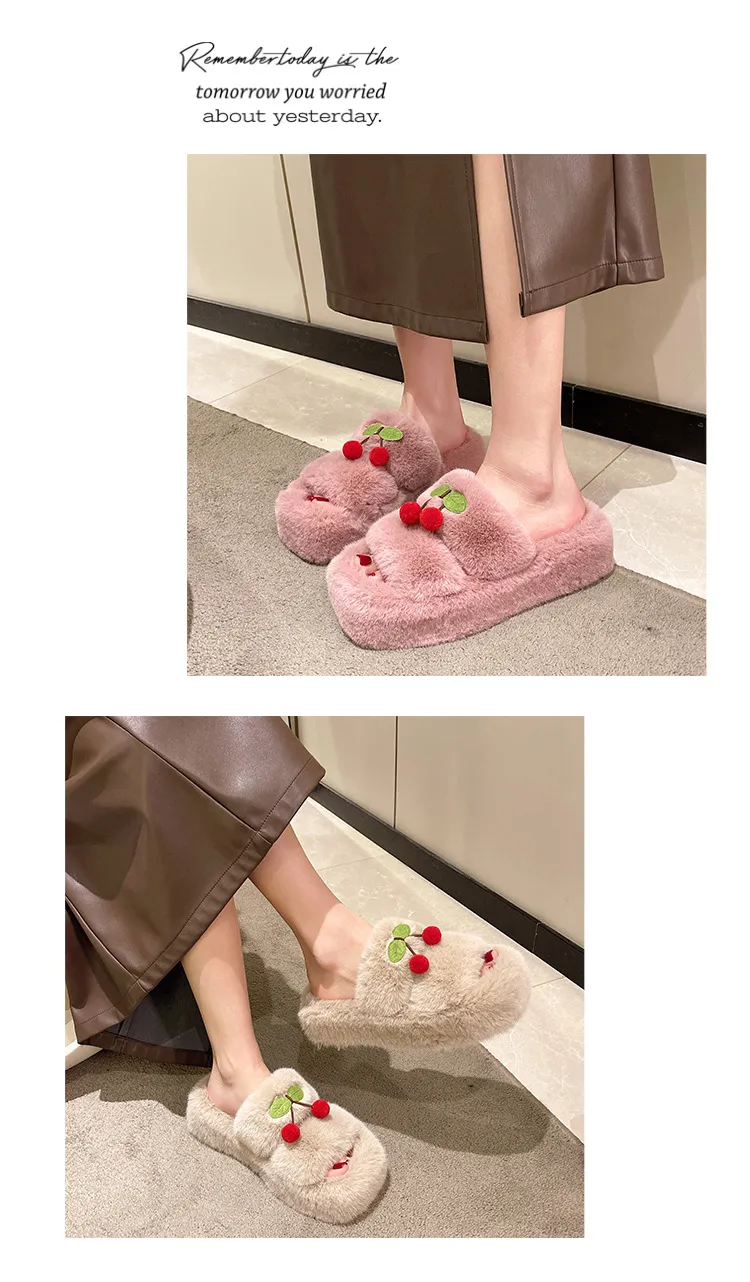 Papuci drăguți de designer cu imprimeu de cireșe pentru femei, fete, doamne, toamnă și iarnă, calde, cu blană, pufoase, de pluș, pentru femei_voghion.com