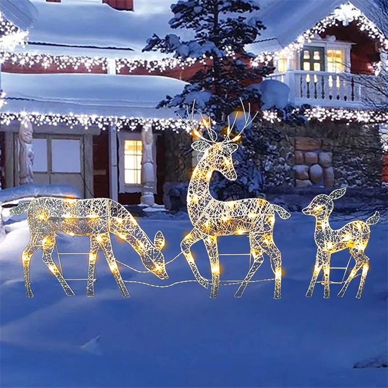 Lot de 3 décorations de jardin de Noël en forme d'élan et de cerf en fer avec lumière LED et paillettes scintillantes_voghion.com