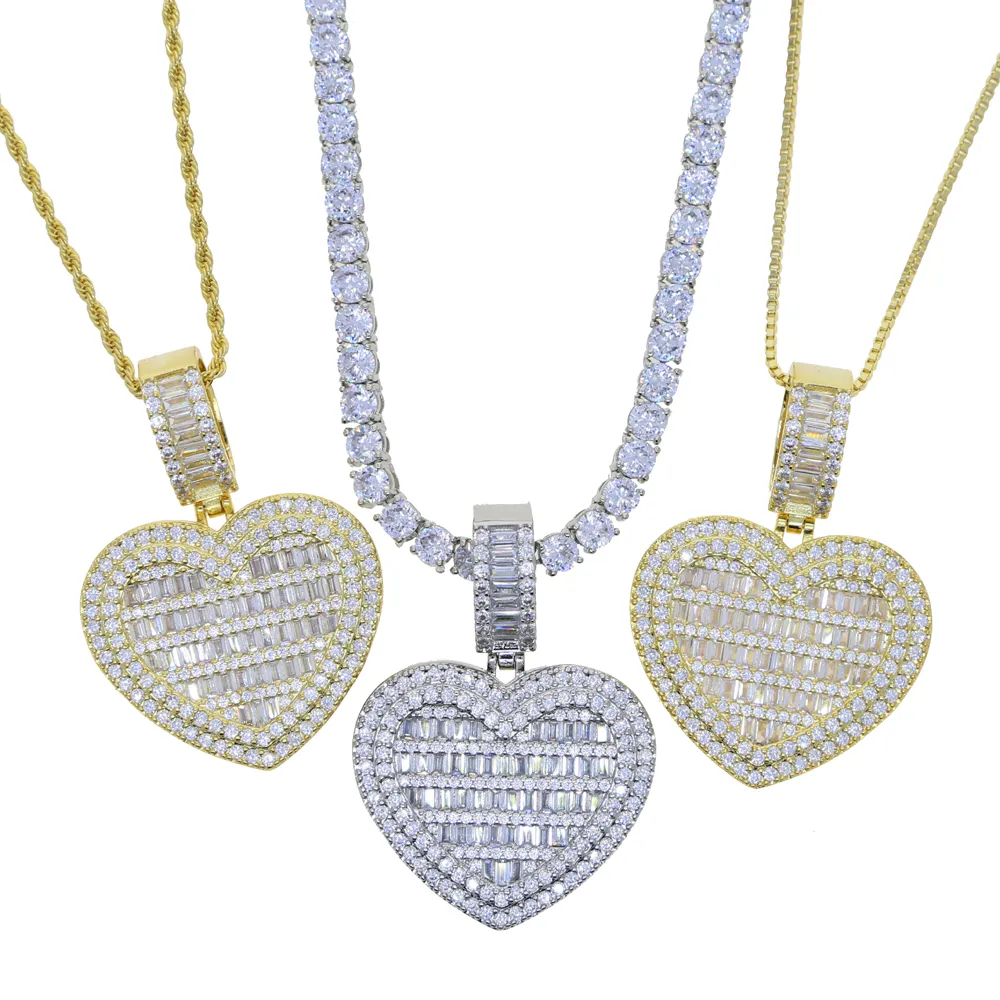 Chains Valentine's Day Gift Women Men Micro Paved 5A Cubic Zirconia Baguette Cz Big HipHop Full Iced Out Heart Pendant_voghion.com