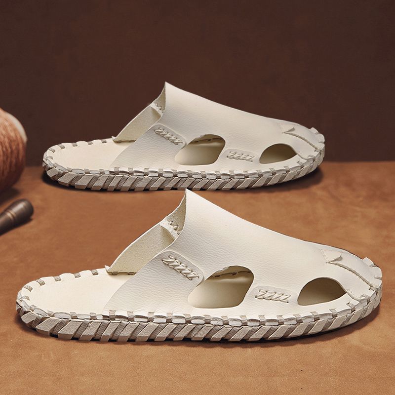 Baotou Herren Sommer Strandsandalen Leder rutschfeste Slipper Fauler Mann ohne Absatz Halbschuhe_voghion.com