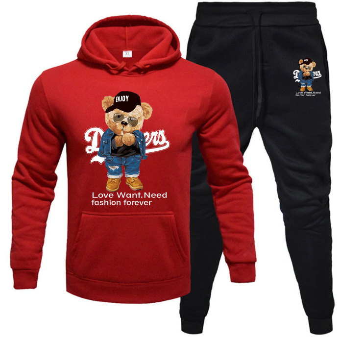 Men's Clothing 2025 Hour Fashionable Teddy Bear Print With Thick Fleece For Winter Warmth And Leisure Set