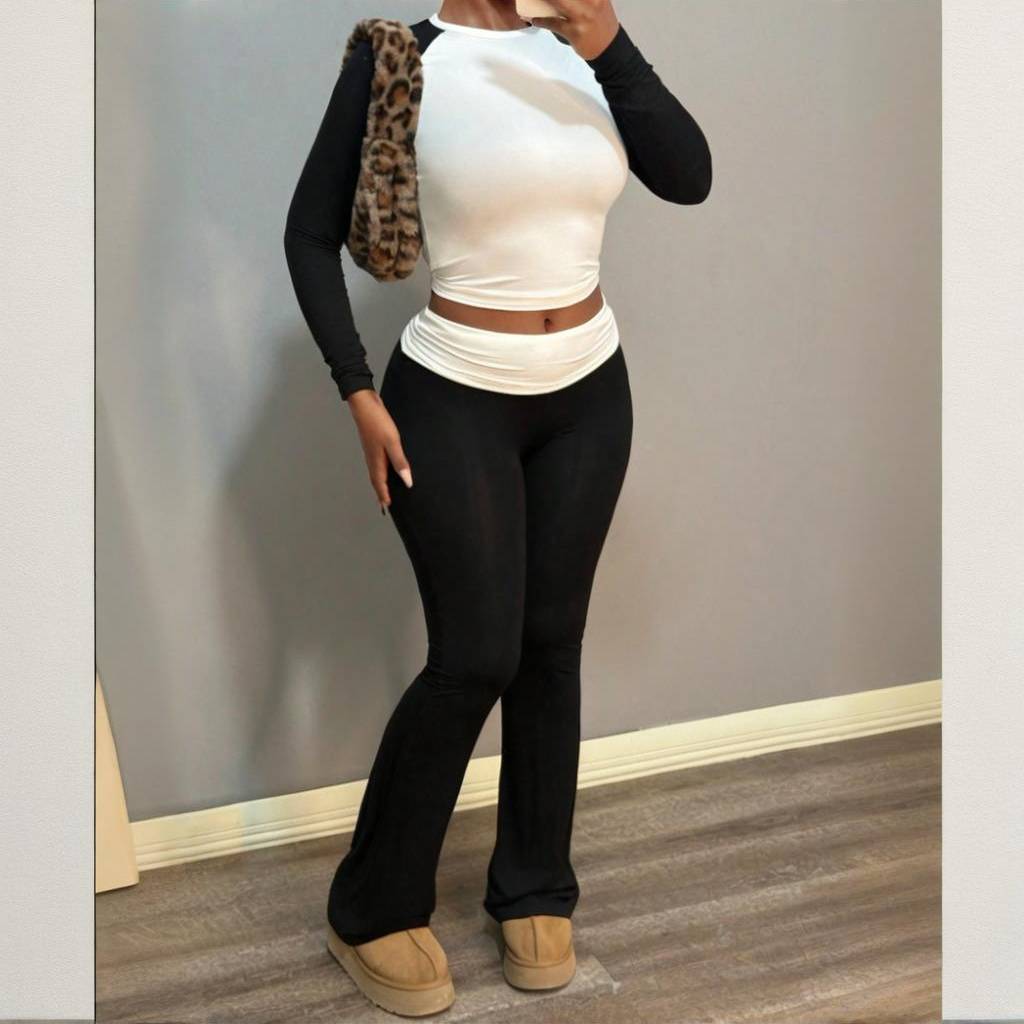 Fashionable Women’s Casual Round Neck Long Sleeve Color Block T-Shirt With High Waist Flare Pants Set