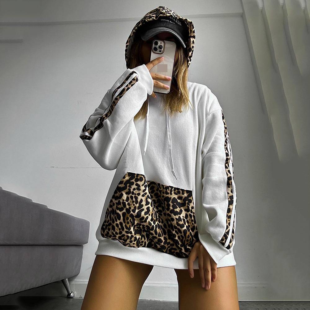 Sweat-shirt à capuche ample à imprimé léopard pour femme, mi-long, style streetwear, idéal printemps-automne._voghion.com