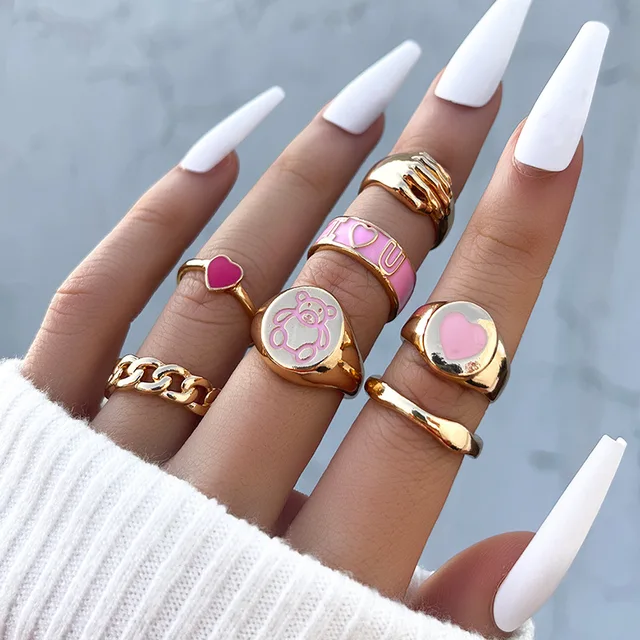 Böhmen Geometrische Bunte Emaille Kunckle Set Für Frauen Schmetterling Herz Zeichen Finger Ring Weibliche Täglichen Schmuck_voghion.com