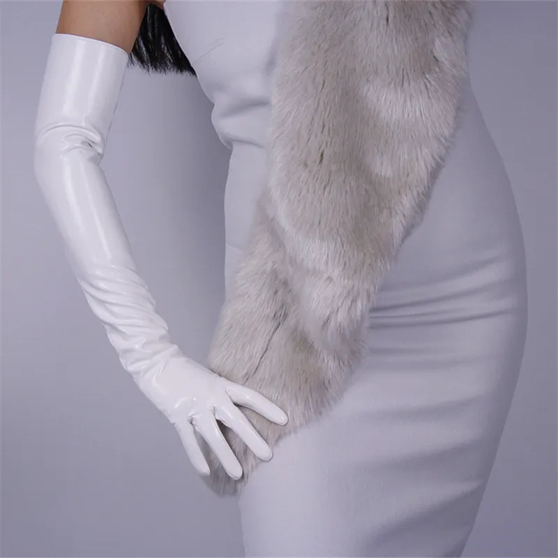 Mănuși de damă la modă, din piele sintetică, extra lungi, cu model PU, oglindă strălucitoare, roz deschis, 60 cm, T09_voghion.com