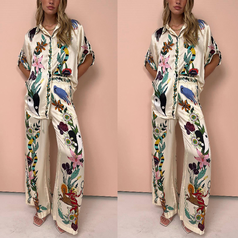 2024 New Graffiti Printed Satin Short sleeved Flip Collar Shirt+Long Pants Casual Two Piece Set