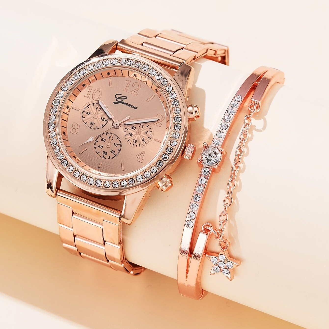 Reloj de mujer con correa de acero Geneva Reloj de cuarzo con pulsera de dos piezas de moda coreana informal para mujer con tres ojos