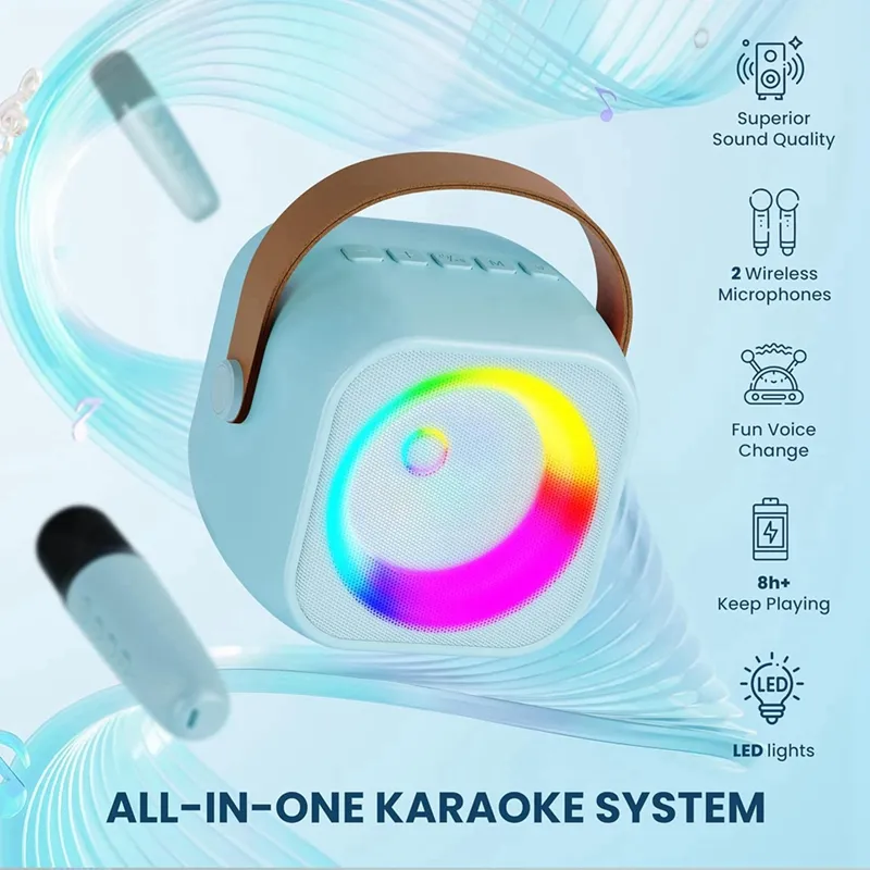 Microphones Karaoke Hine Portable Bluetooth Speaker With 2 Wireless Toys Gift (Blue)-HDL_voghion.com