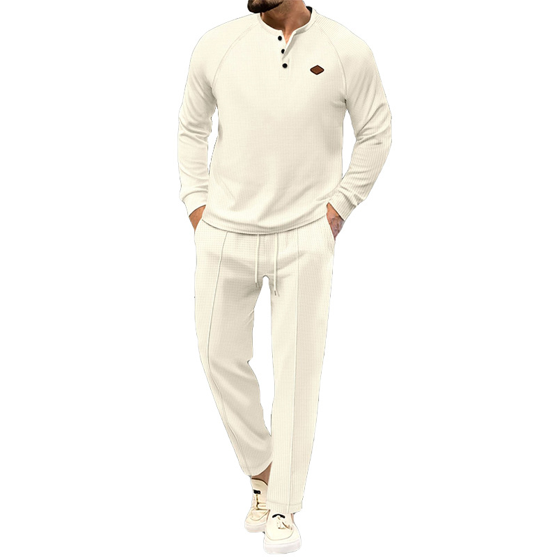 2024 Spring and Autumn New Men's Solid Color Waffler Henley Long sleeved Pants Set_voghion.com
