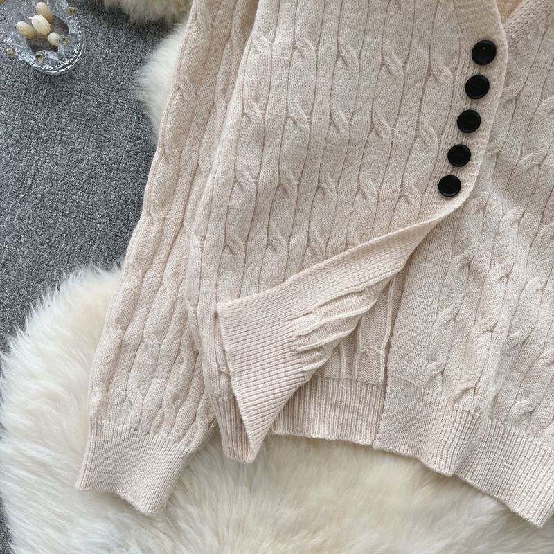Ubrania damskie Retro leniwy styl dzianinowy kardigan kobiety jesień zima dekolt w serek miękki i luźny design niszowy temperament_voghion.com