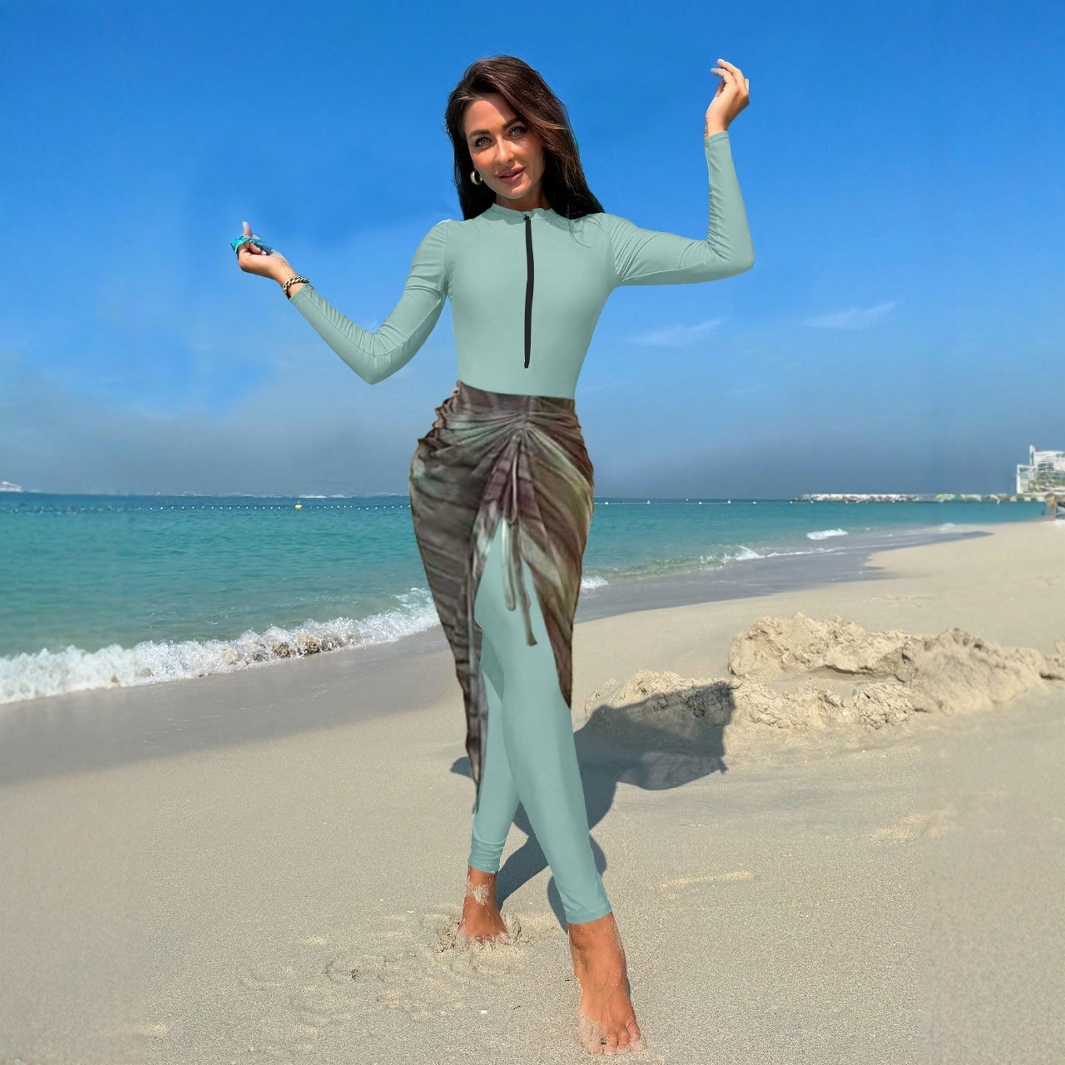 Muslim Swimsuit High Elasticity Nylon Lycra Two-Piece Yoga Fitness Sportswear Set Zipper Design Swimwear Adult Women's Pure Color No Sleeve