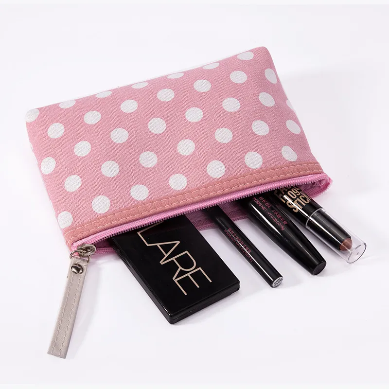 Semplici borse per il trucco in tessuto a pois, impermeabili, portatili, con cerniera, piccole borse per cosmetici, per donne e ragazze, in tela._voghion.com