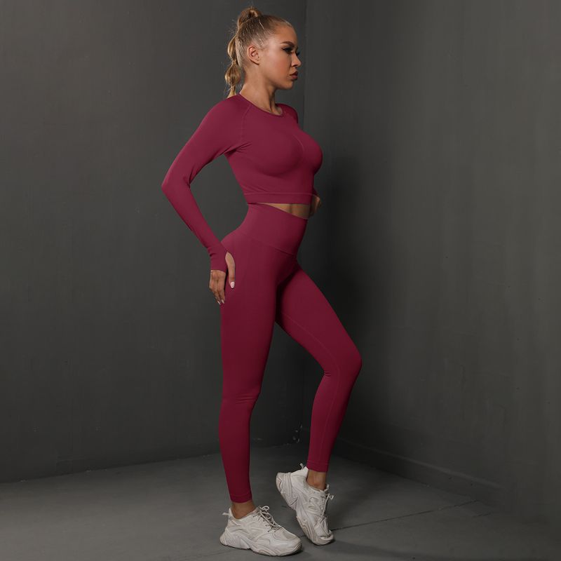 Nahtloser, pfirsichfarbener, enger Hüftlift-Yoga-Sport-Laufanzug, zweiteiliger Fiess-Anzug für Frauen_voghion.com