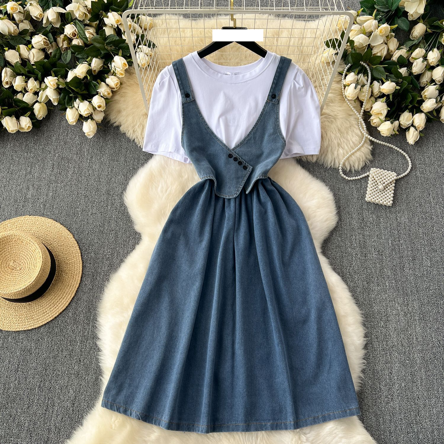 Jupe en jean longue, design de niche pour femme, col rond, manches bouffantes, taille patchwork