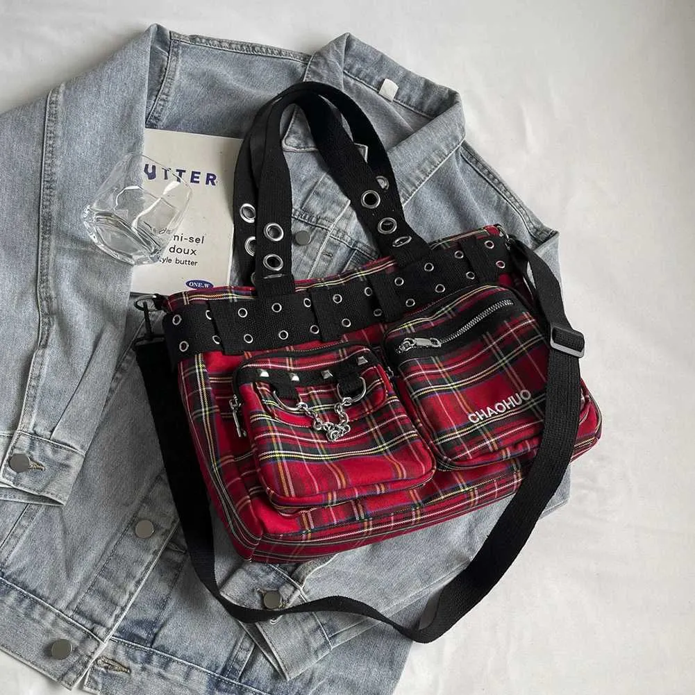 Designer Plaid Handbag Women Punk Shoulder Crossbody Bag Fashion Satchel Purse Queen Red Y2K Street for Travel Shopping_voghion.com