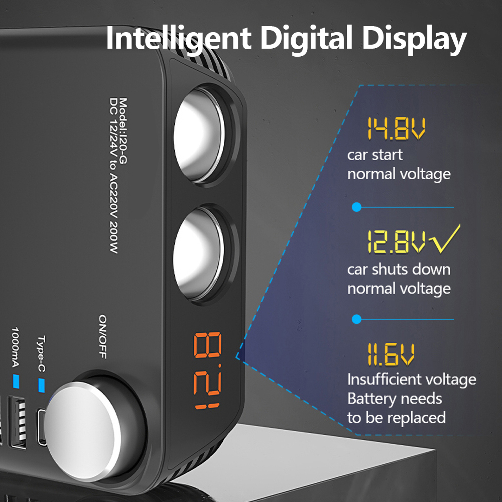 Auton virtamuunnin 12 V, 24 V - 220 V, 200 W:n muunnettu siniaaltomuunnin, 3 AC-pistorasiaa, 6 USB QC3.0 PD -pikalatausvirtainvertteri_voghion.com