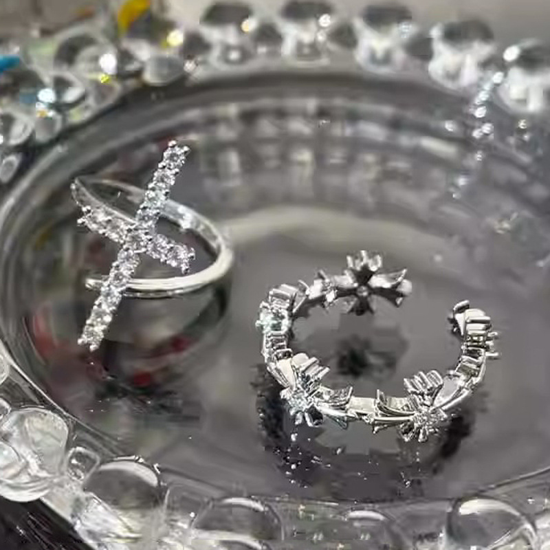 French Gentle Zircon Cross Open for Women with Cold and Elegant Temperament, High Grade Sense Ring, Personalized Index_voghion.com