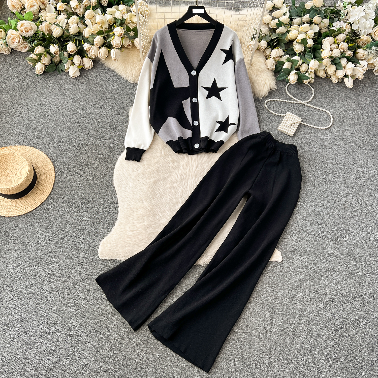 Women's Clothing French retro high end printed light luxury knitted suit for women autumn and winter top cardigan + high waist slim trousers